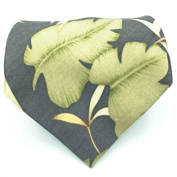 TOMMY BAHAMA Tie Gray Green Leaves Bamboo 100% Silk Hand Made Mens Necktie - Picture 2 of 11